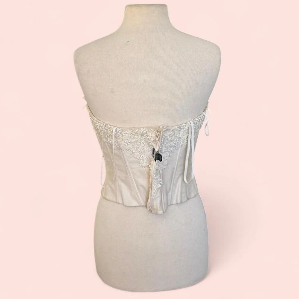 1990’s Vintage Cream Ivory Boning Zip Up Beaded Sweetheart Bridal Bodice Top - Picture 4 of 8